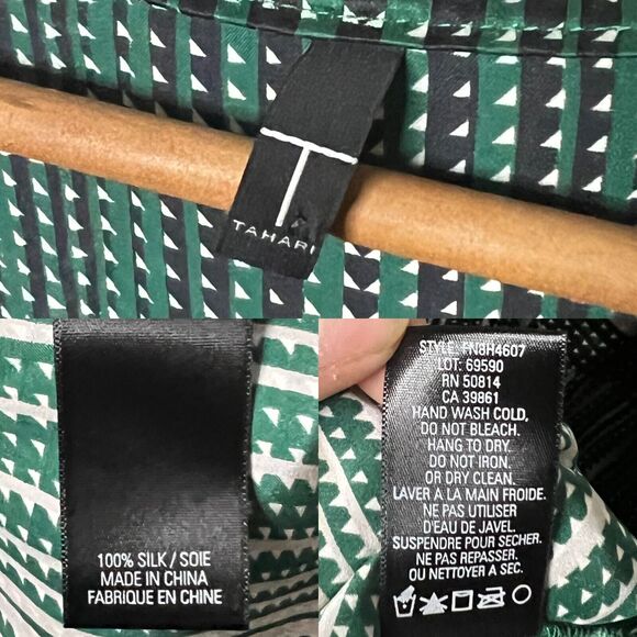 Tahari Women's Green Silk V-Neck Empire Waist Tie Back Striped Dress Size 10 - Picture 16 of 16